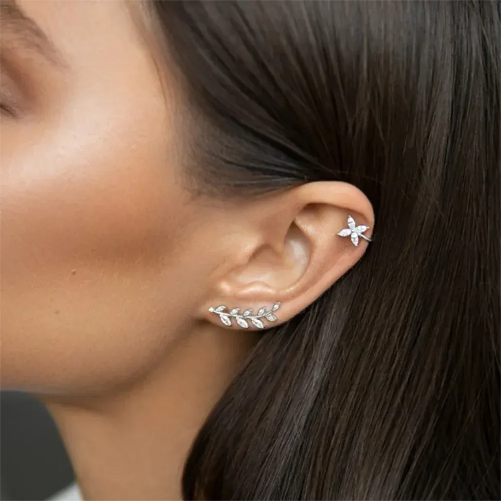 Boucle d&#39;Oreille Grimpante Feuille Argent