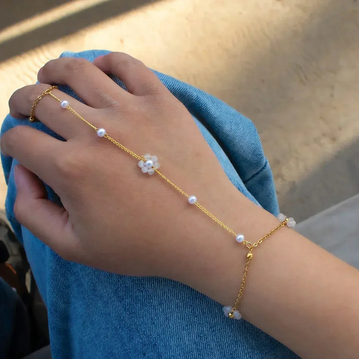 Bracelet Bague Chaine Main Fleurs