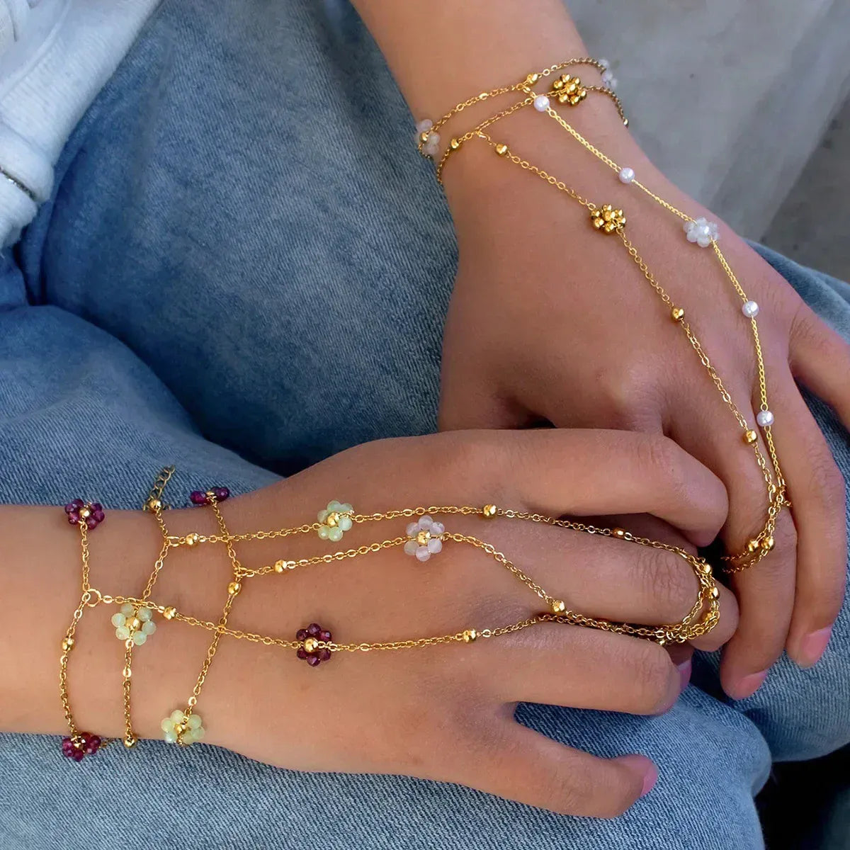 Bracelet Bague Chaine Main Fleurs