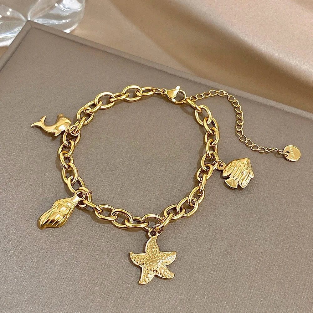 Bracelet Bangle Alliage Doré – Breloques étoiles – Longueur Adjustable 18cm