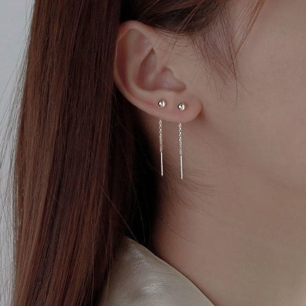 Boucles D'Oreilles Double Chaîne Traversante Avec Triple Boules - Plaqué Or 18 Carats - Neuf Avec Étiquettes
