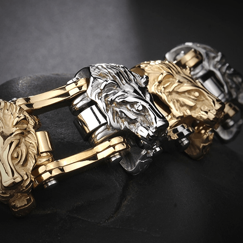 Bracelet Chaîne de Moto Têtes de Lion en Acier