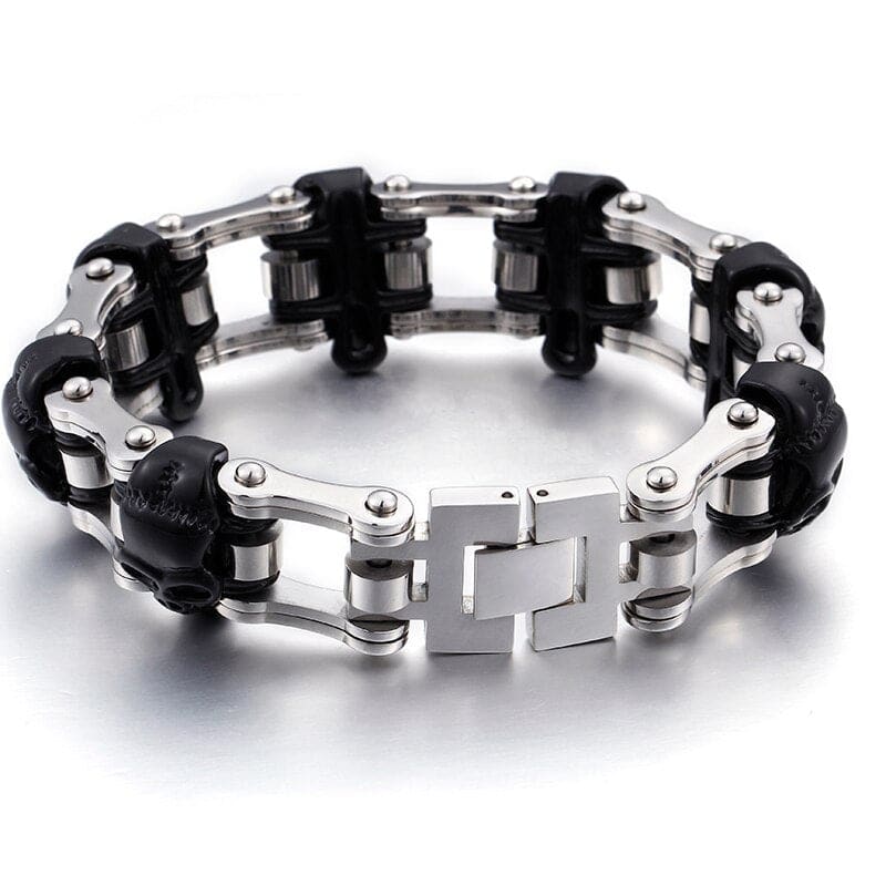 Bracelet chaine moto tete de mort noir