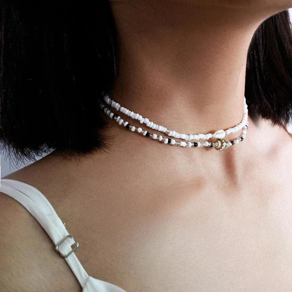 Collier Ras Du Cou En Tissu Et Chaîne Avec Pendentif Perle Noire Et Blanche – 30-35 Cm, Argent Sterling